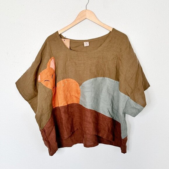 NWT Thread + Sprout Custom Linen Deer Top Short Sleeve Mushroom Trees Plus Size - Picture 1 of 8
